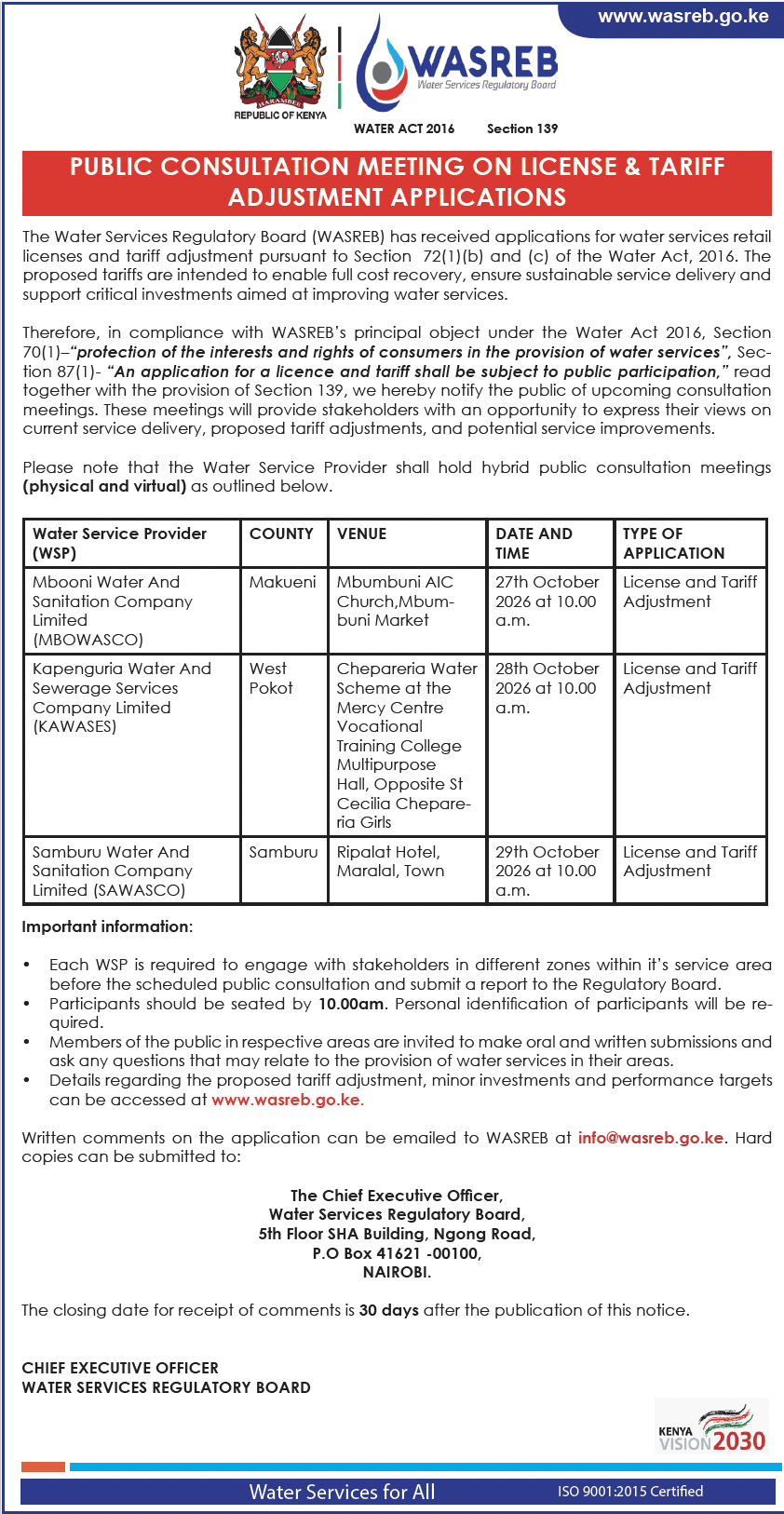 PUBLIC CONSULTATION DATA FOR KAPENGURIA,MBOONI &SAMBURU WSP
